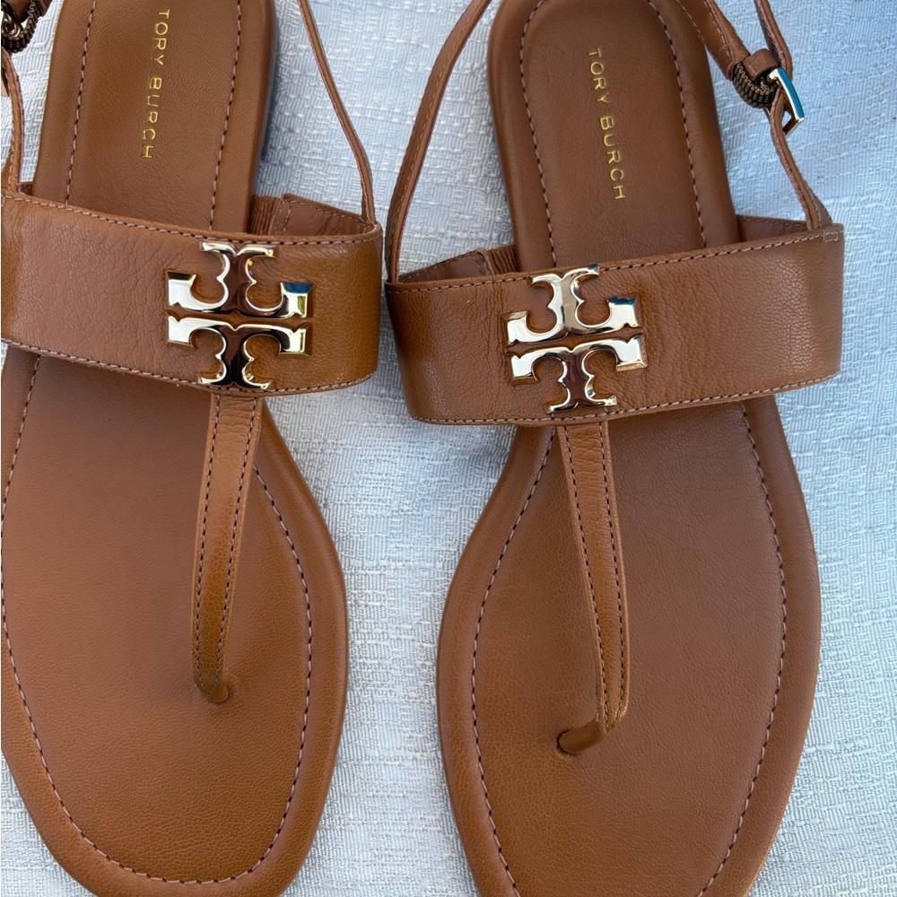 Tory Burch Brown Leather T-Strap Sandals